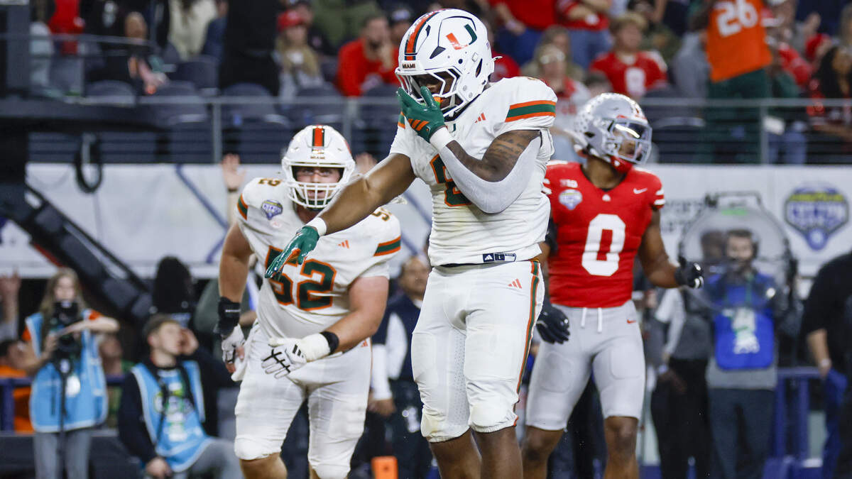 Miami Hurricanes running back Charmar Brown (6) reacts after scoring late in the second half of the College Football Playoff quarterfinal game against the Ohio State Buckeyes in the Cotton Bowl at AT&T Stadium in Arlington, Texas on Wednesday, December 31, 2025. Miami Hurricanes running back Charmar Brown (6) reacts after scoring late in the second half of the College Football Playoff quarterfinal game against the Ohio State Buckeyes in the Cotton Bowl at AT&T Stadium in Arlington, Texas on Wednesday, December 31, 2025.